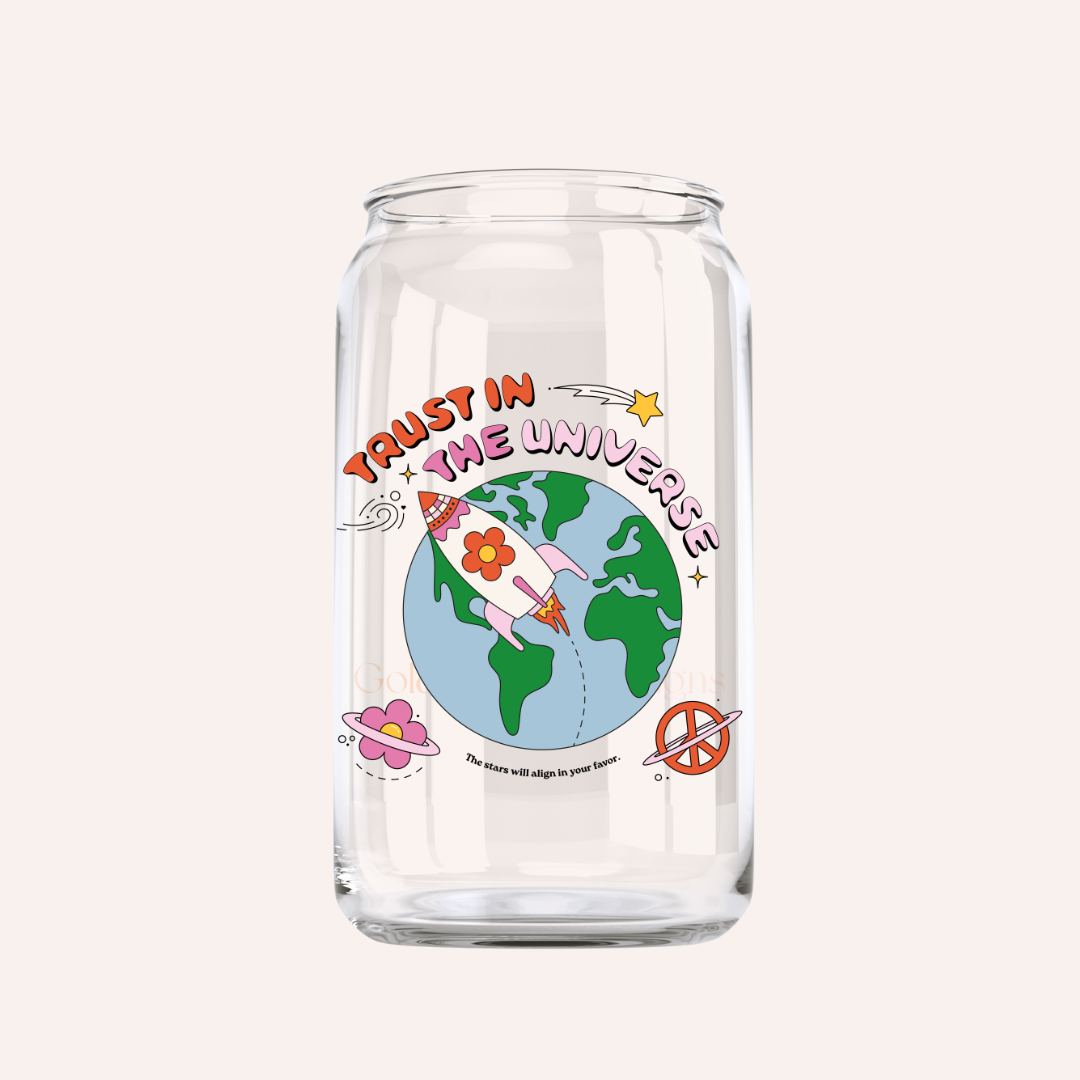 Trust the Universe Glass Cup - 16oz, Retro, Trendy, Cute