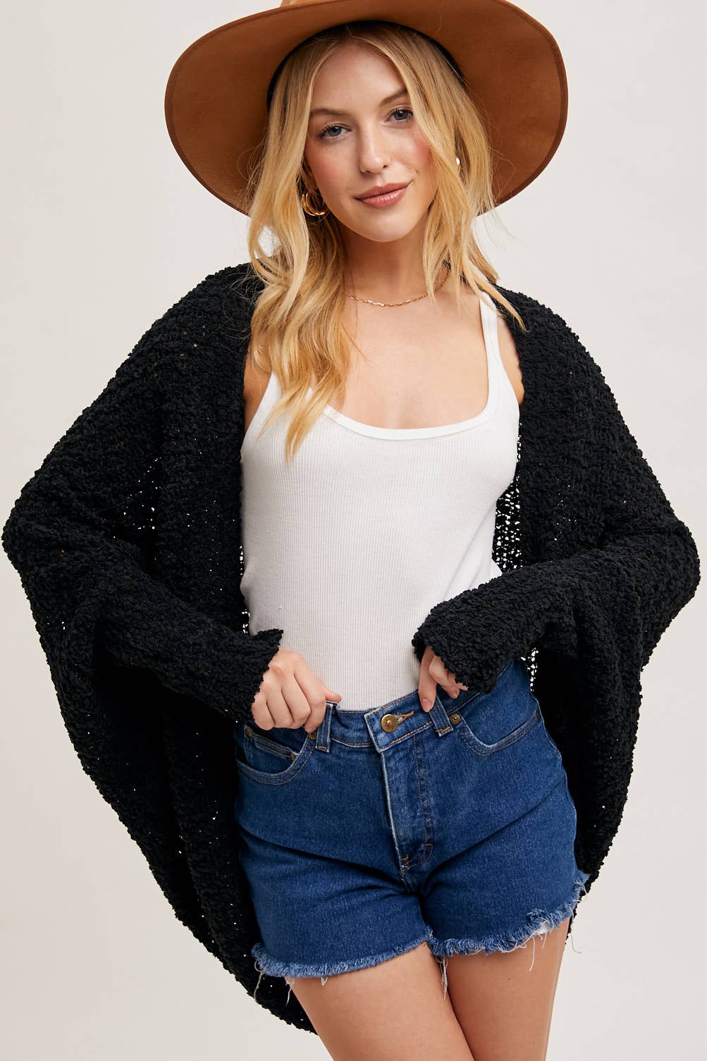 CHUNKY POPCORN KNIT SWEATER OPEN FRONT DOLMAN CARDIGAN